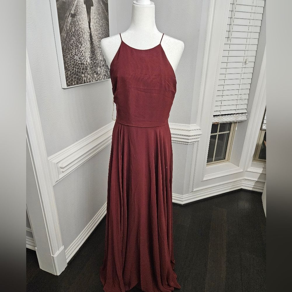 Jenny Yoo Wine Halter Chiffon Bridesmaid Gown - Picture 2 of 14
